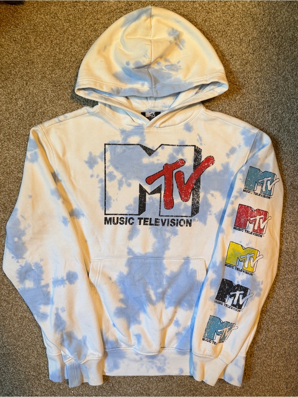 MTV White & Light Blue Tie-Dye Hoodie with Multicolor Logos